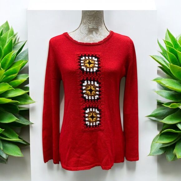 Skye's The Limit Women's Sz M  Red Pullover sweater Tunic granny squares accent - Picture 1 of 14